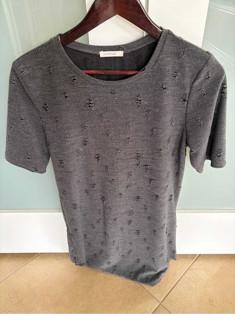 ANTISTAR Distressed Short Sleeve Crewneck Tee — Charcoal grey long
